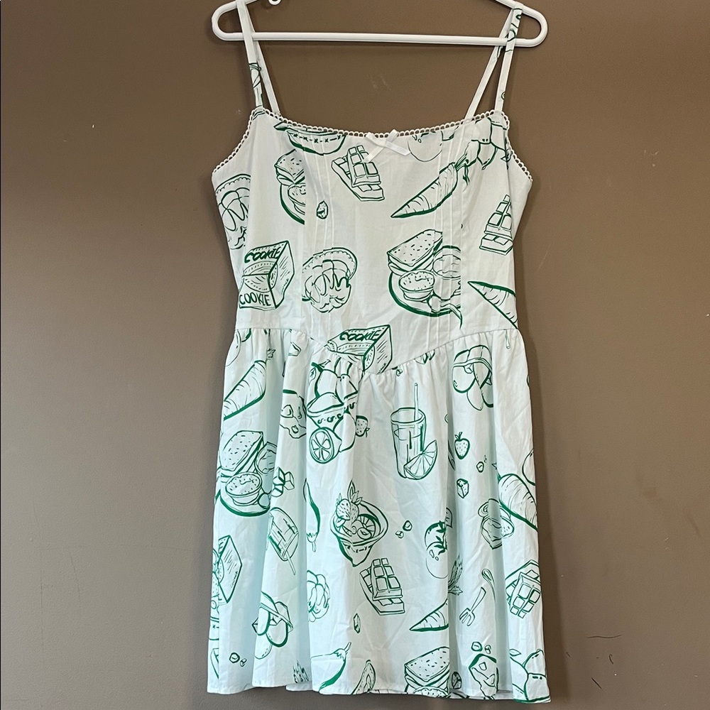 Green White Food Patterned Mini Dress Adjustable Strap and Ribbon